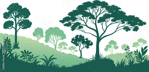 A serene landscape featuring silhouetted trees and lush green foliage on rolling hills under a white background