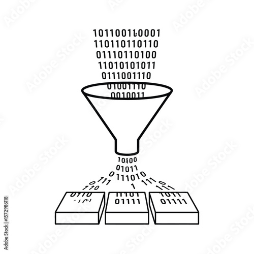 Binary data being filtered through a funnel into organized blocks of information