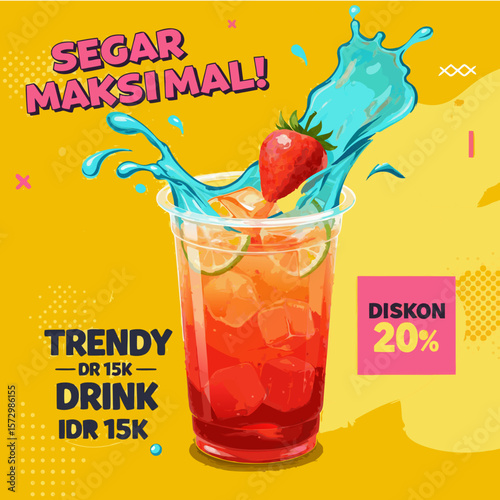A vibrant graphic showcasing a refreshing drink with a strawberry and ice.