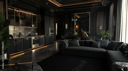 Luxurious Black  Gold Modern Kitchen  Living Room.