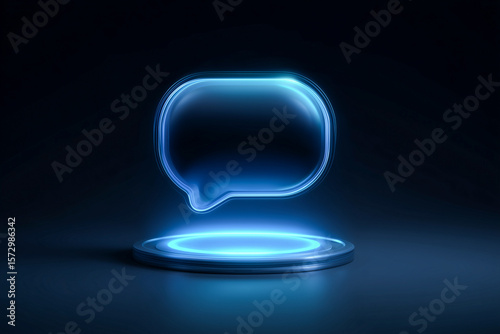Glowing blue neon chat bubble icon with holographic effect on pedestal, representing communication, digital interaction, and futuristic technology in a dark, clean setting

