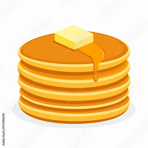 Stack of Fluffy Golden Pancakes with Melting Butter and Syrup on a White Background for Breakfast Food Illustration