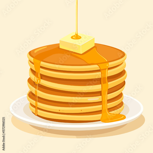 Stack of Pancakes Topped with Butter and Dripping Syrup on a White Plate in Pixel Art Style on Cream Background