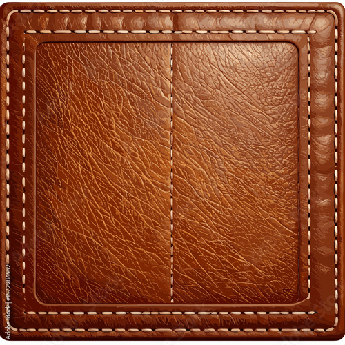 Square of Brown Leather Texture with Stitched Border Background Material in Seamless Design