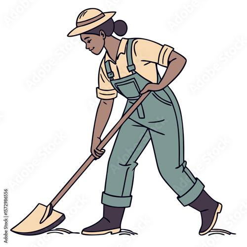 Female Farm Worker Holding Shovel in Agricultural Outfit - Vector Illustration. Perfect for: Earth Day, Harvest Festival