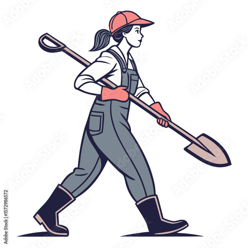 Female Farm Worker Holding Shovel in Agricultural Outfit - Vector Illustration. Perfect for: Earth Day, Harvest Festival