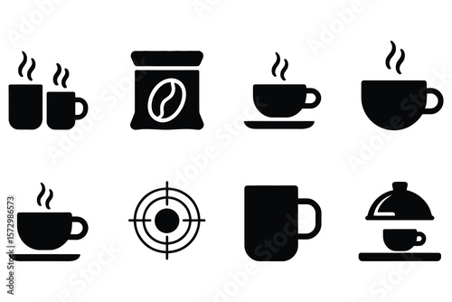 Coffee cups bag and target icons steaming coffee bean