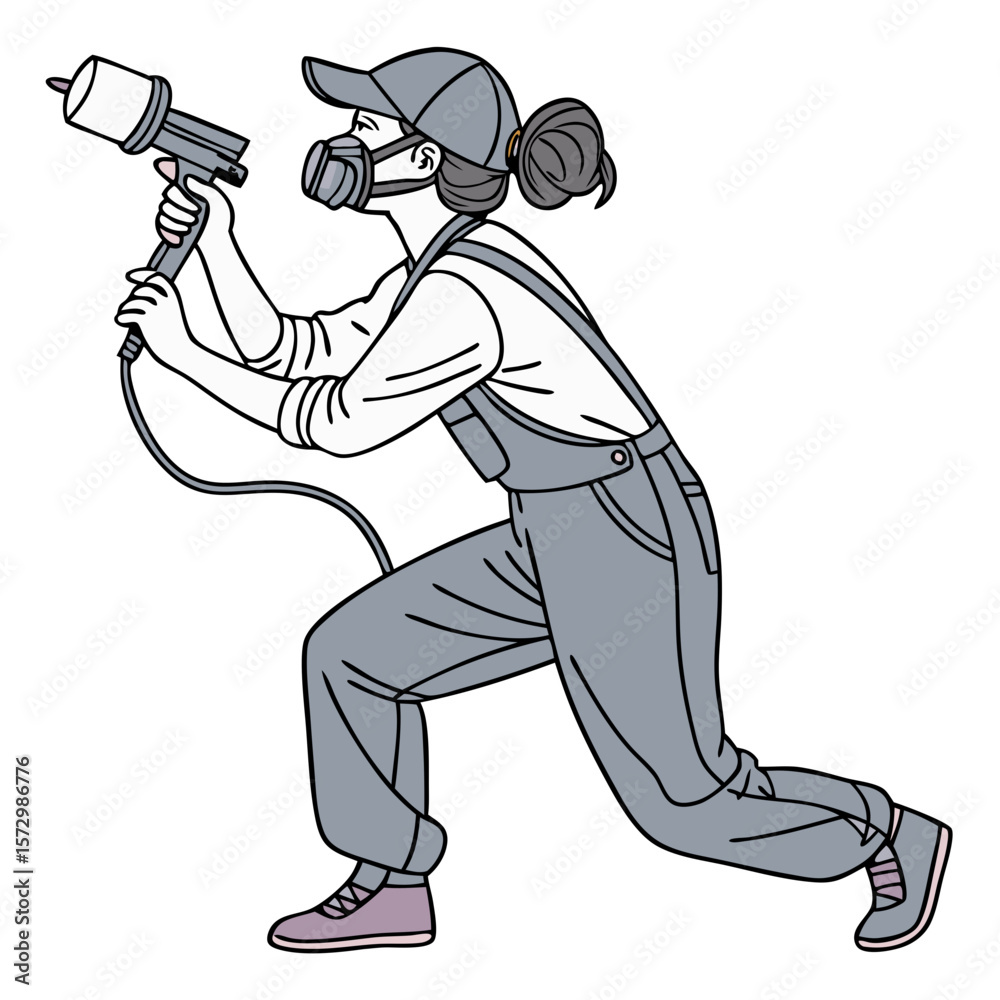 Female Spray Painter Holding Paint Gun in Protective Gear - Vector Illustration. Perfect for: Industrial Safety Week, Spray Painting Industry Day