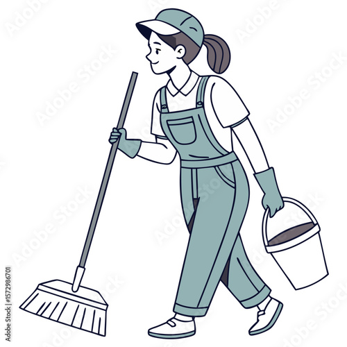 Female Janitor in Uniform with Cleaning Tools - Vector Style. Perfect for: Cleaning Week, Earth Day