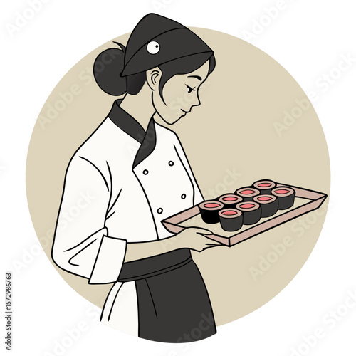 Female Japanese Chef Holding Sushi Tray in Kitchen Uniform - Vector Illustration. Perfect for: Sushi Day, Japanese Cultural Events