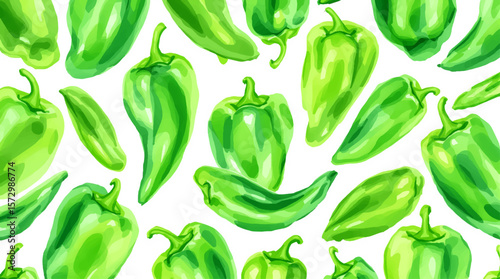 Bright watercolor green peppers scattered across a light background, creating a fresh, vibrant pattern full of energy and natural appeal
