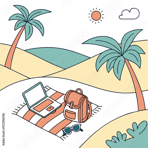 A digital nomad s dream scene unfolds on a sandy beach with two palm trees a laptop backpack and sunglasses laid out on a striped blanket under a sunny sky with a single cloud