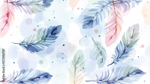 Watercolor feathers pattern on white background