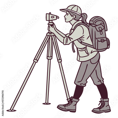 Female Surveyor with Measuring Equipment in Outdoor Gear - Vector Illustration. Perfect for: Earth Day, Surveyor Day, Hiking Events