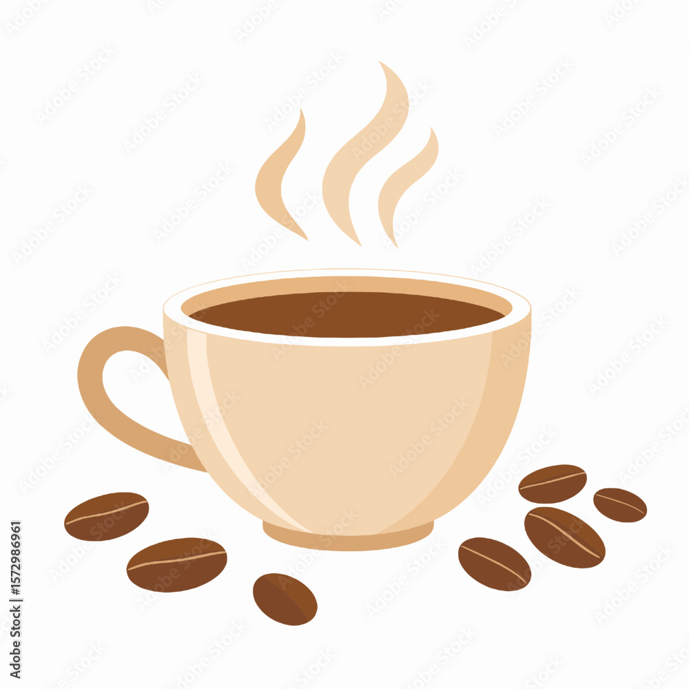 Obraz premium Stylized Coffee Cup with Steaming Beverage and Roasted Coffee Beans on White Background for Adobe Stock Photos