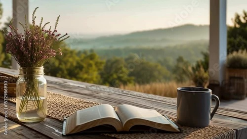 camera over serene, rustic scene with open bible laying on the standing outside table, coffee cup and tranquil nature landsape; concept of bible study, calmness, searching for answers; simple video