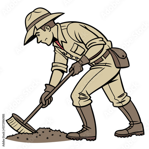 Male Archaeologist Digging with Brush in Explorer Gear - Vector Illustration. Perfect for: International Archaeology Day