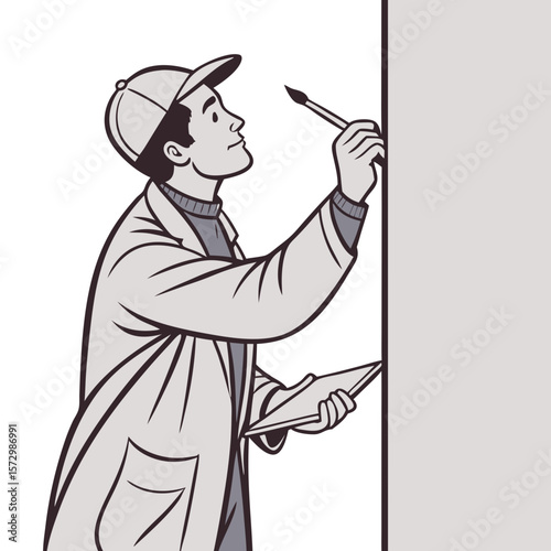 Male Art Restoration Technician Holding Brush in White Coat - Vector Illustration. Perfect for: Art Conservation Week, Museum Events