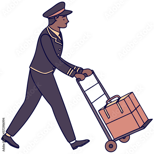 Male Airport Porter in Uniform Pushing Luggage Cart - Clean Vector Illustration. Perfect for: Travel Day, Airport Services Promotion