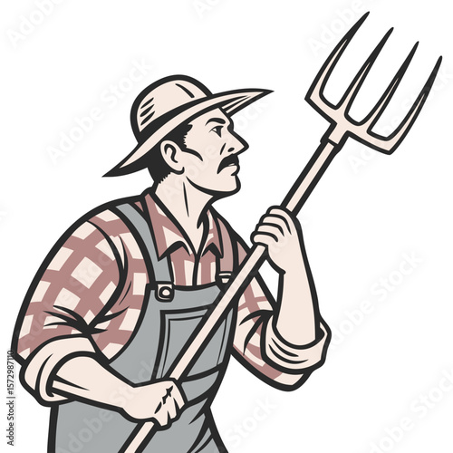 Male Dairy Farmer in Traditional Clothing Holding Pitchfork - Vector Illustration. Perfect for: Harvest Festival, Rural Life Celebration