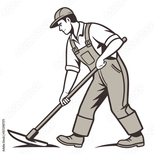 Male Farmer in Overalls Holding Hoe - Clean Vector Illustration. Perfect for: Earth Day, Farmers Market
