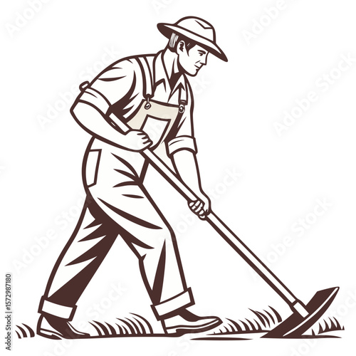 Male Farmer in Overalls Holding Hoe - Clean Vector Illustration. Perfect for: Earth Day, Farmers Market