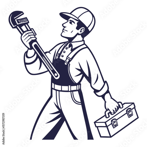 Male Plumber Holding Pipe Wrench in Uniform - Detailed Vector Illustration. Perfect for: Plumbing Week, Home Maintenance Day