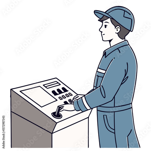 Male Power Plant Operator in Blue Uniform at Control Panel - Vector Illustration. Perfect for: Energy Conservation Week, STEM Career Fair