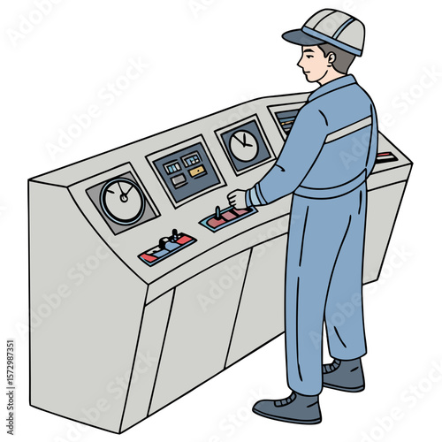 Male Power Plant Operator in Blue Uniform at Control Panel - Vector Illustration. Perfect for: Energy Conservation Week, STEM Career Fair