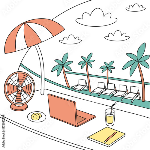 A digital nomad s paradise a laptop fan drink and notebook sit on a table by a swimming pool with lounge chairs and palm trees under a sunny sky with clouds
