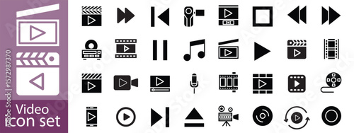 Video icon set. Containing camera, play, pause, media, online video, live, production, player, movie and cinema icons. Solid icon collection.