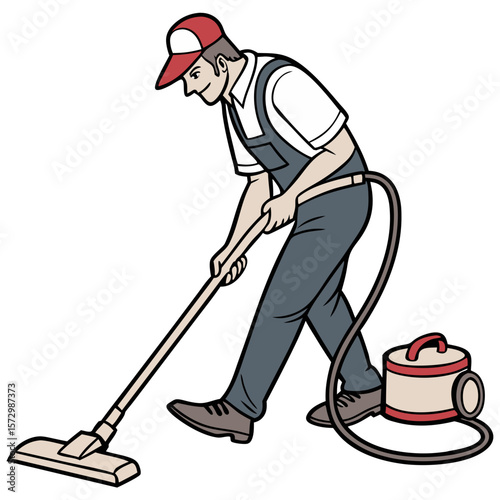 Male Janitor Operating Vacuum Cleaner in Cleaning Uniform - Vector Illustration. Perfect for: Cleaning Week, Earth Day