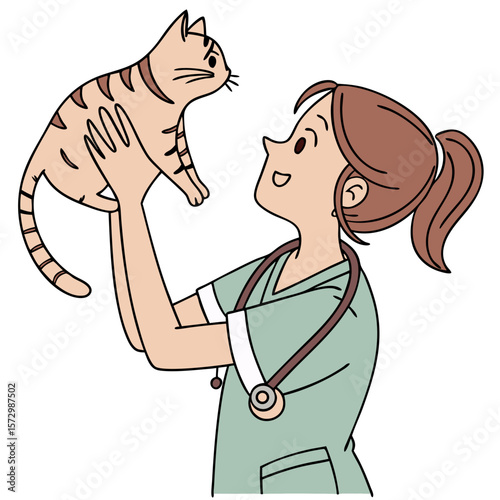 Young Female Veterinarian Holding a Cat - Vector Illustration. Perfect for: World Veterinary Day, Pet Adoption Events