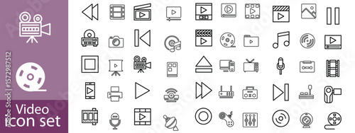 Video icon set. Containing camera, play, pause, media, online video, live, production, player, movie and cinema icons. Solid icon collection.