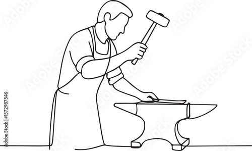 Blacksmith Hammering Anvil Line Art for Traditional Occupation Concepts