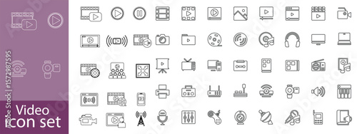 Video icon set. Containing camera, play, pause, media, online video, live, production, player, movie and cinema icons. Solid icon collection.