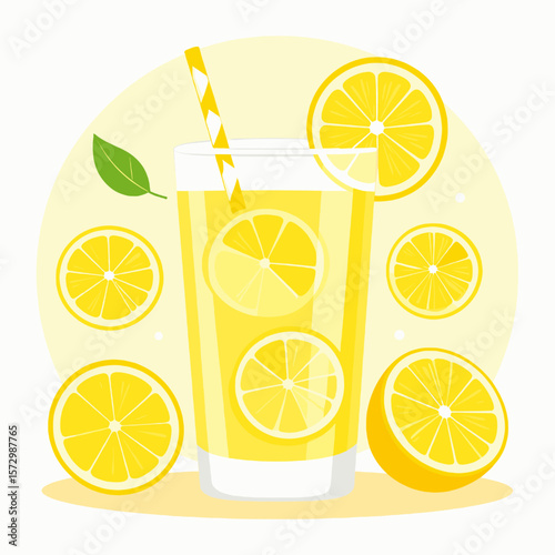 Tall Glass of Yellow Lemonade with Lemon Slices a Straw and a Green Leaf on a White Background