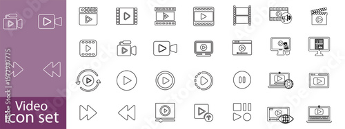 Video icon set. Containing camera, play, pause, media, online video, live, production, player, movie and cinema icons. Solid icon collection.