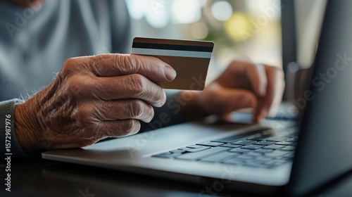 An elderly person using a credit card to shop or make a payment online on a laptop.