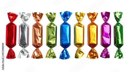 Wallpaper Mural Row of Shiny Foil Wrapped Candies in Red, Silver, Bronze, Green, Blue, Gold, Orange, and Purple Torontodigital.ca