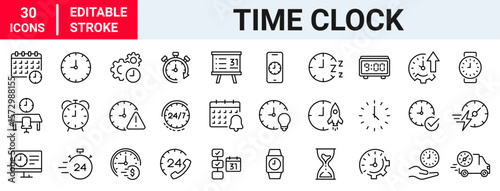 Time and Clock web icons in line style. Calendar, timer, time, stopwatch, countdown, collection. editable. Vector illustration.