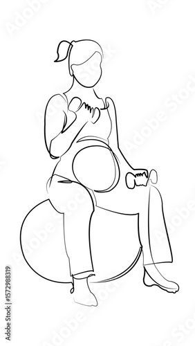 One continuous line drawing on white isolated background. Minimalism linear illustration. woman, dumbbell, pregnant, sport, adult, lifestyle, mother, weight, pregnancy, lifting