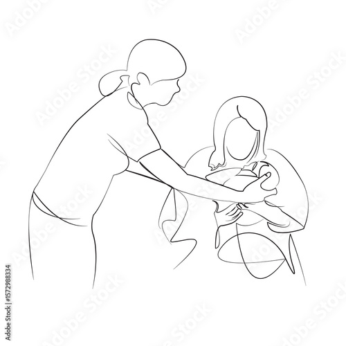 One continuous line drawing on white isolated background. Minimalism linear illustration. mother, baby - human age, newborn, nurse, doctor, newborn in arms, childbirth, hospital