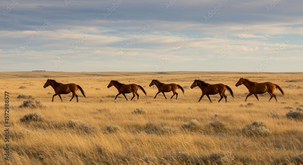 Fototapeta premium Horses Running Through a Field Under a Cloudy Sky