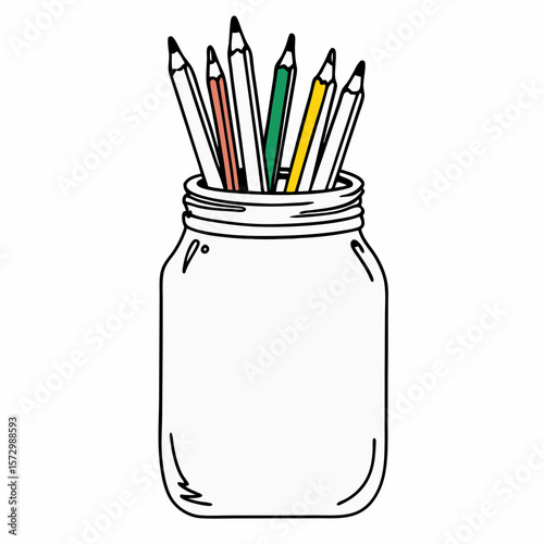 Colored pencils in a glass jar, a simple drawing style, for stationery advertising