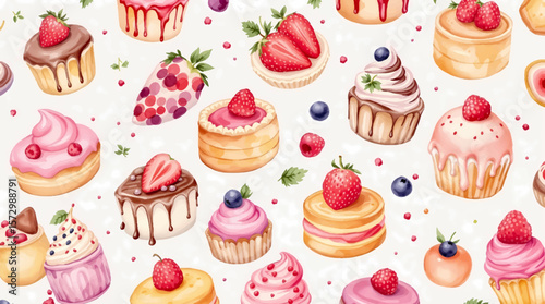 A cute pink seamless pattern of cupcakes cakes and sweet desserts with cream cherries strawberries and hearts in a cartoon bakery style