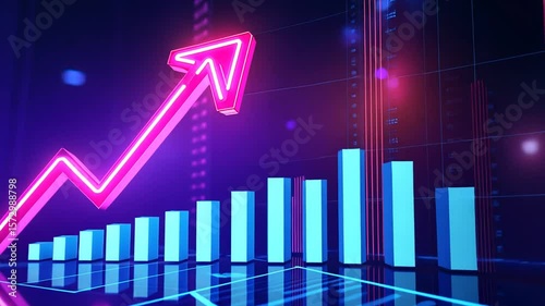 Glowing pink upward arrow leads chart of data, futuristic and vibrant, on dark backdrop