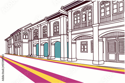 Colorful vector street of heritage shophouses with colonial window designs