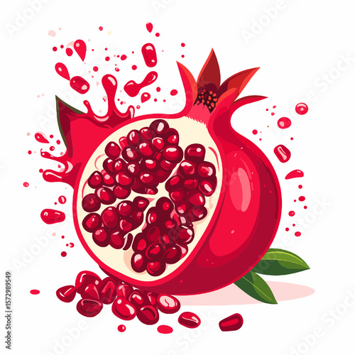 Vibrant Pomegranate with Seeds and Juice on White Background Fresh and Healthy Food Still Life Illustration in Ruby Red Garnet Tones