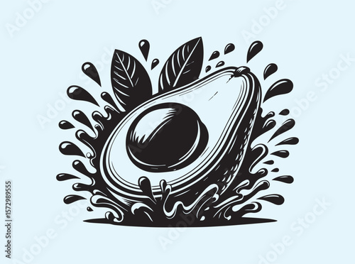Juicy sliced avocado with liquid splash and leaf garnish on clean white backdrop